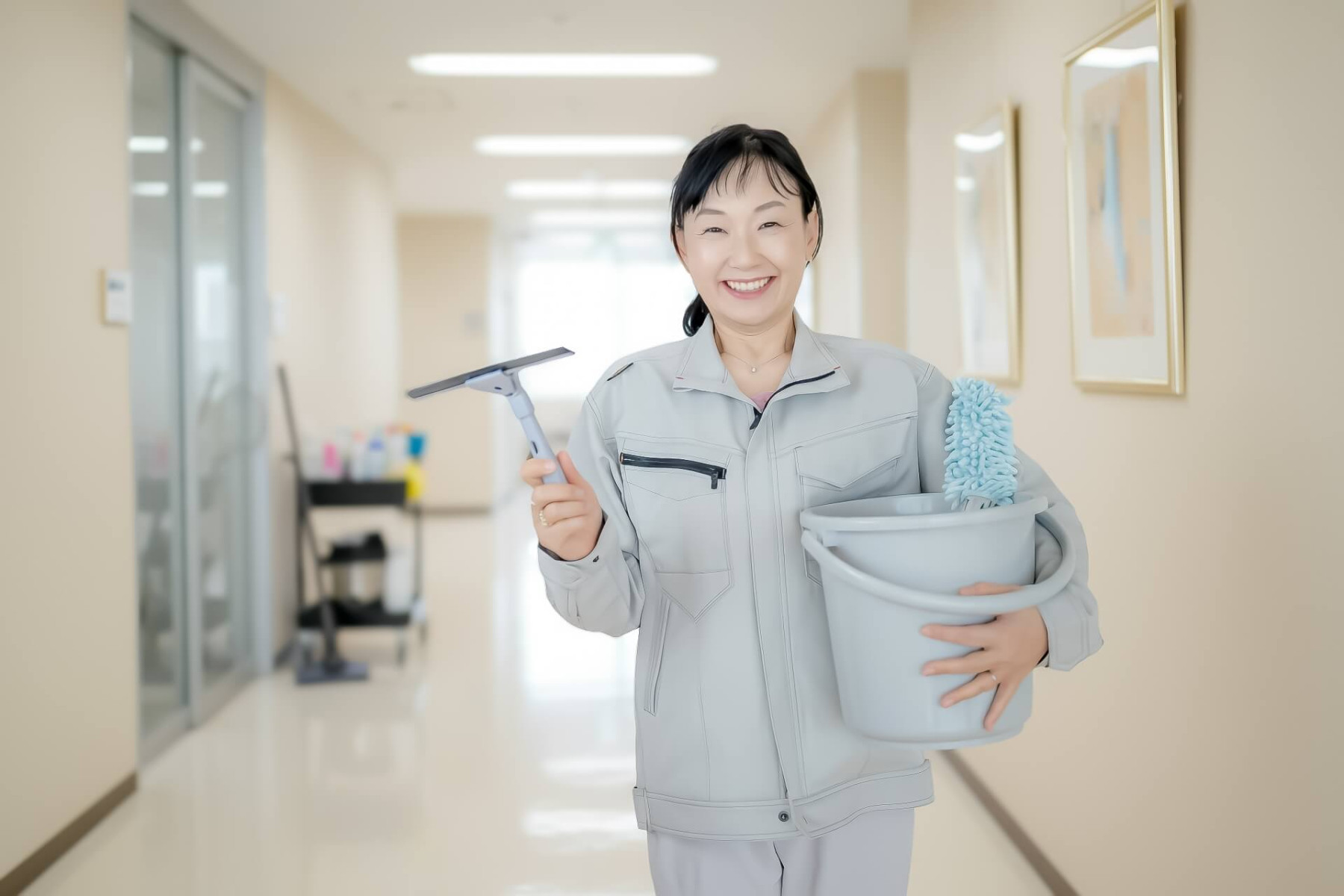廊下を掃除する笑顔の清掃スタッフ